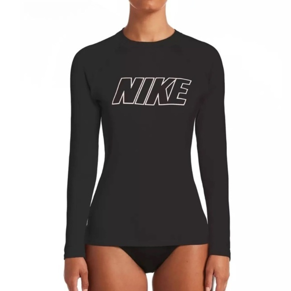 Nike Swim sz M black Dri-Fit Logo front stretch long sleeve SPF 40 crew neck top
